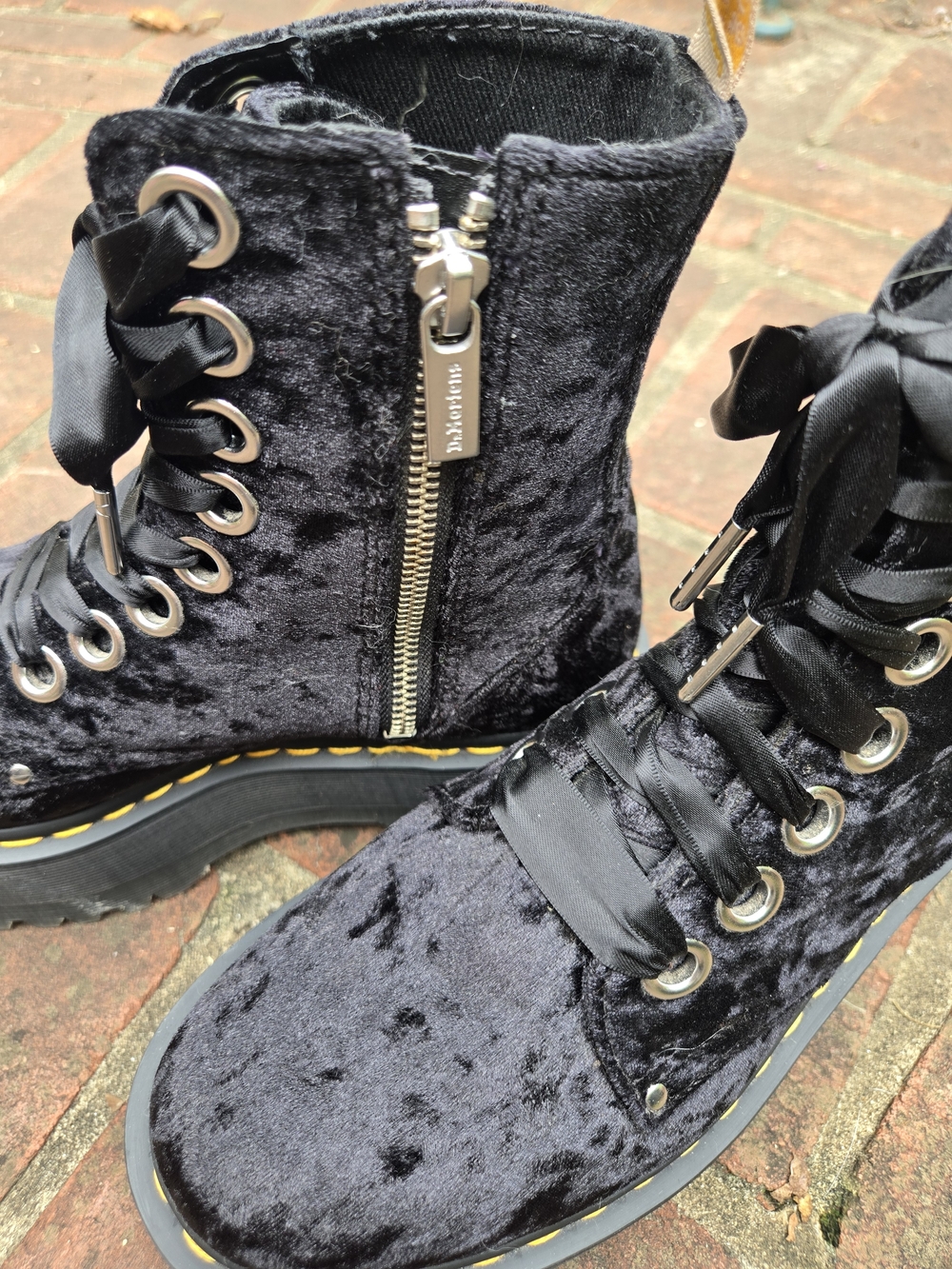 Dr. Martens Crushed Black Velvet Jadon Max Platform Lace-Up Boots with Side Zip - Picture 3 of 9